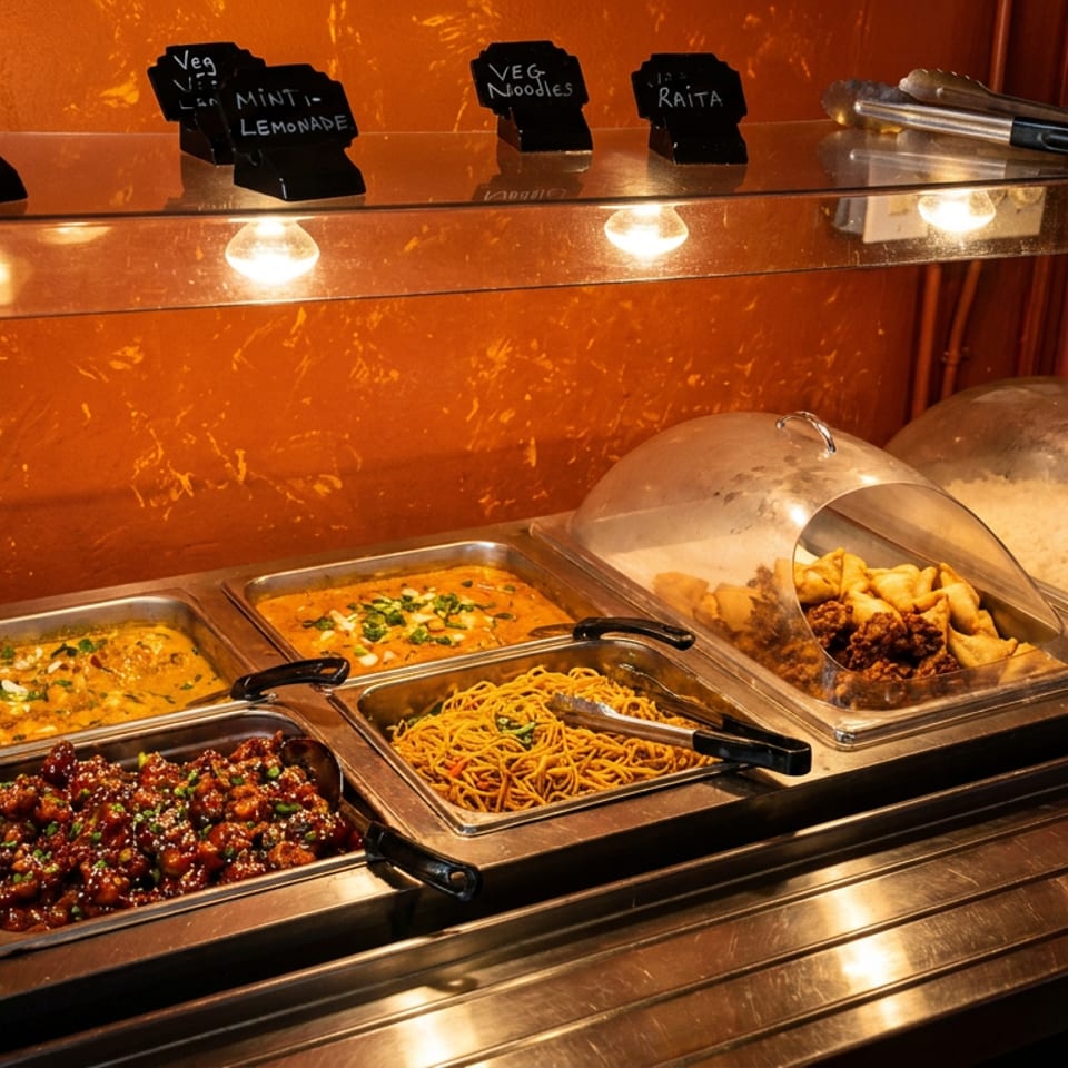 Restaurant buffet with hot Indian dishes like curries, noodles, rice, and appetizers in chafing dishes.