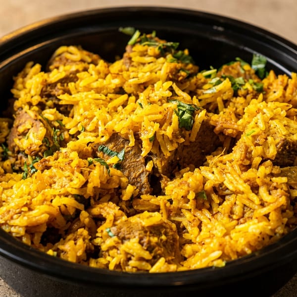 Golden yellow biryani with meat and green herbs in a black takeout container.