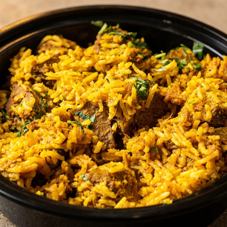Yellow biryani with meat and cilantro in a black takeout container.