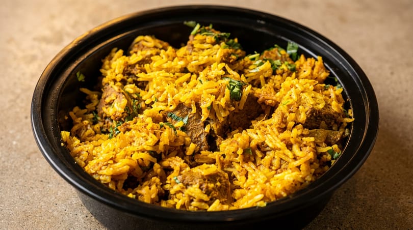 Yellow biryani with meat and cilantro in a black takeout container.
