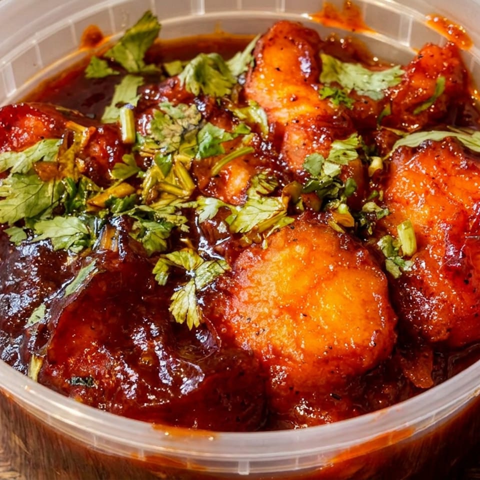 Saucy potato dish in a clear takeout container, garnished with fresh cilantro.