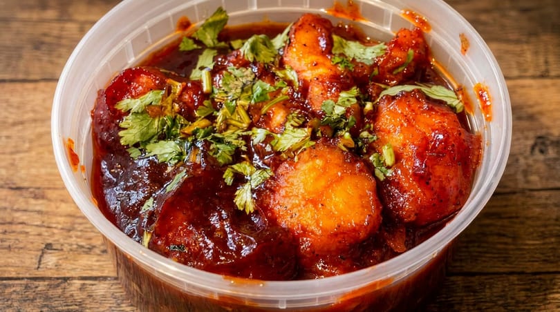 Saucy potato dish in a clear takeout container, garnished with fresh cilantro.