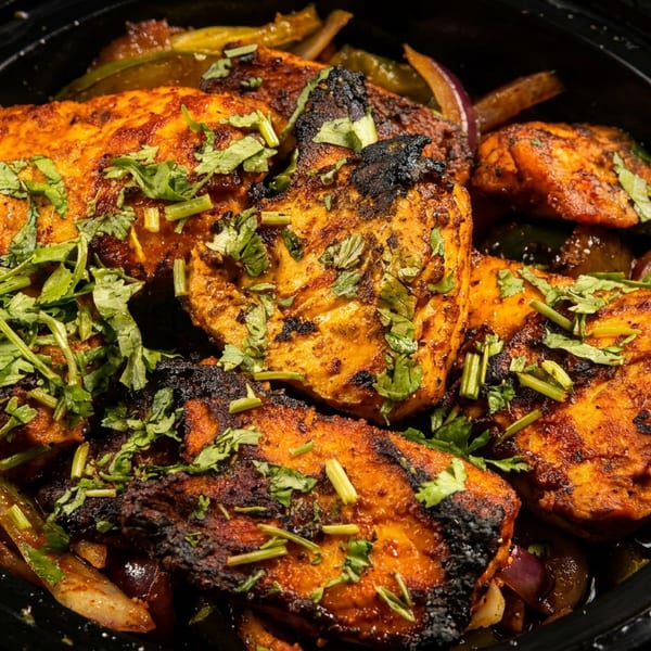 Grilled spiced chicken pieces topped with fresh cilantro, served with onions and peppers in a black bowl.