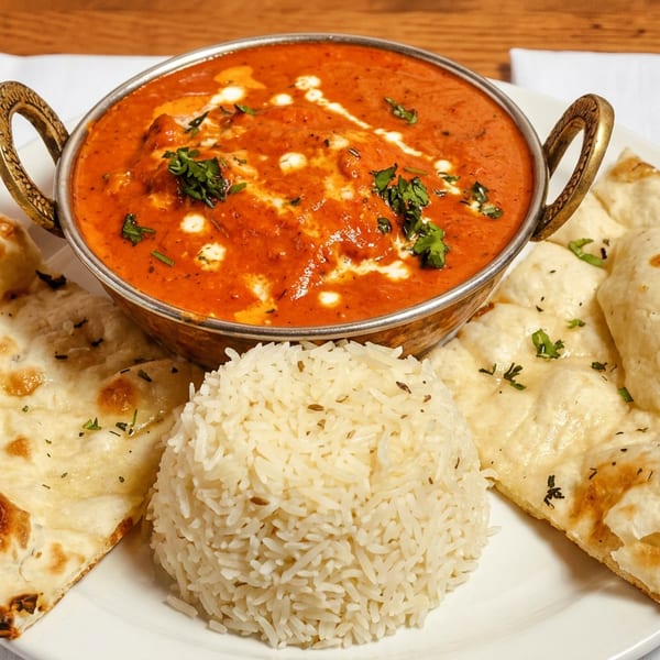 Vibrant orange curry in a brass bowl, served with fluffy rice and two pieces of naan.