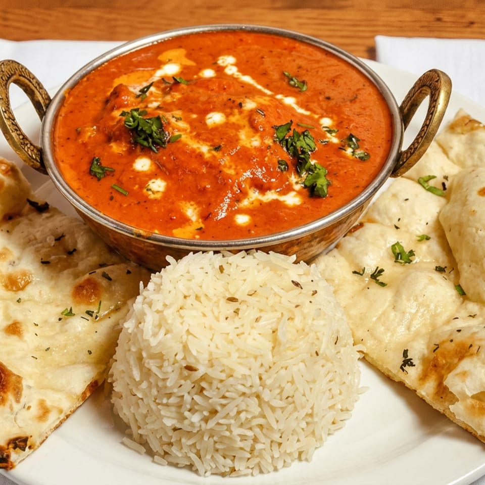 Vibrant orange curry in a brass bowl, served with fluffy rice and two pieces of naan.